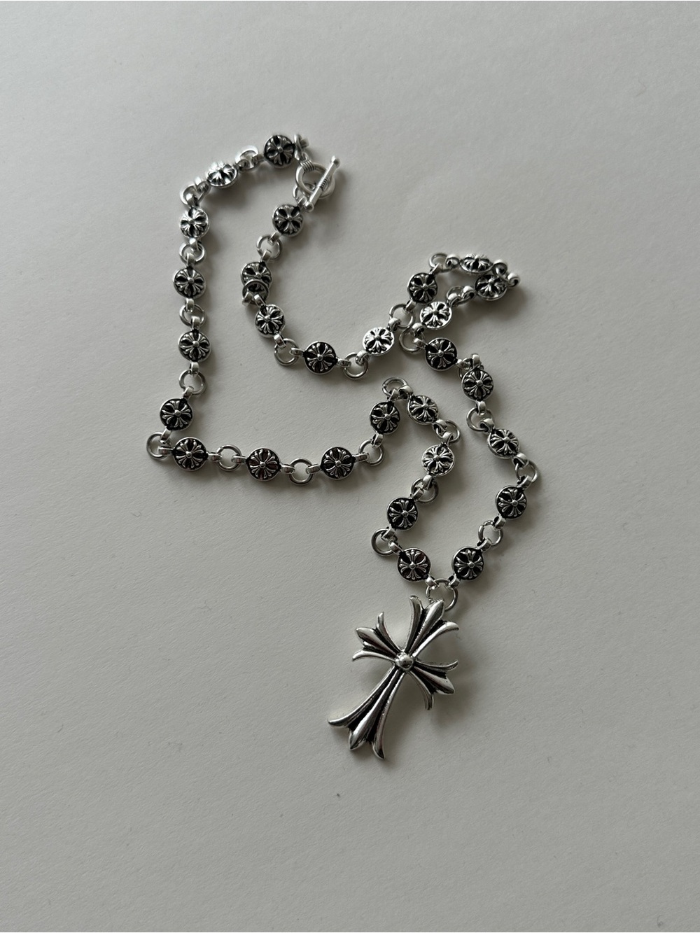 Women's Silver Cross Pendant Necklace with Floral-Link Chain